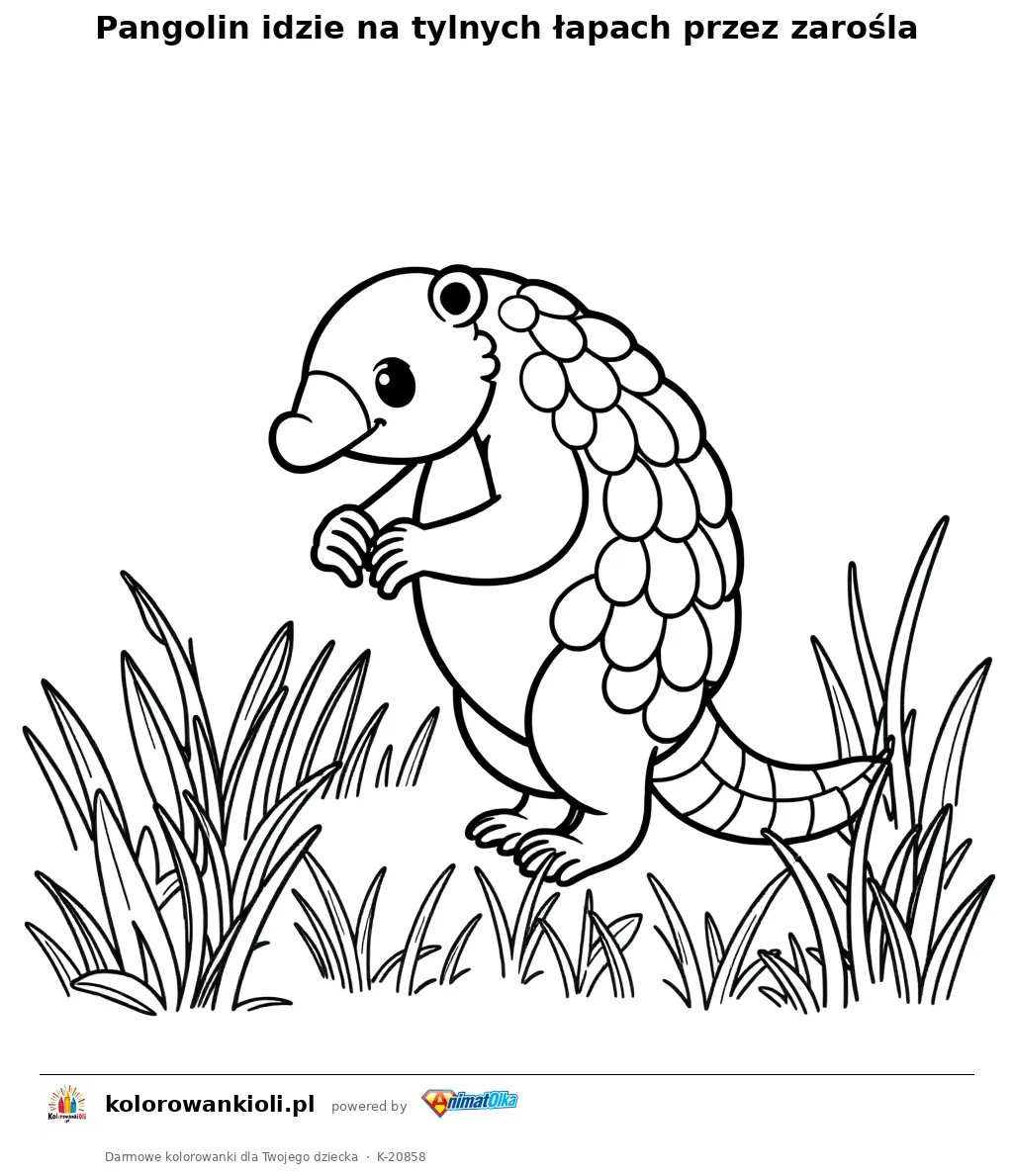 Pangolin idzie na tylnych łapach przez zarośla — kolorowanka do wydruku dla dzieci