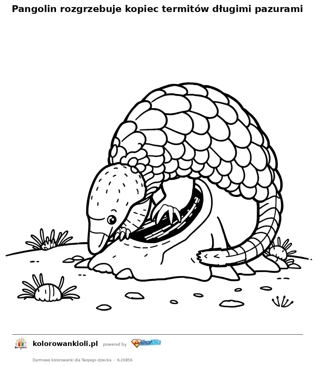 Pangolin rozgrzebuje kopiec termitów długimi pazurami — kolorowanka do wydruku dla dzieci
