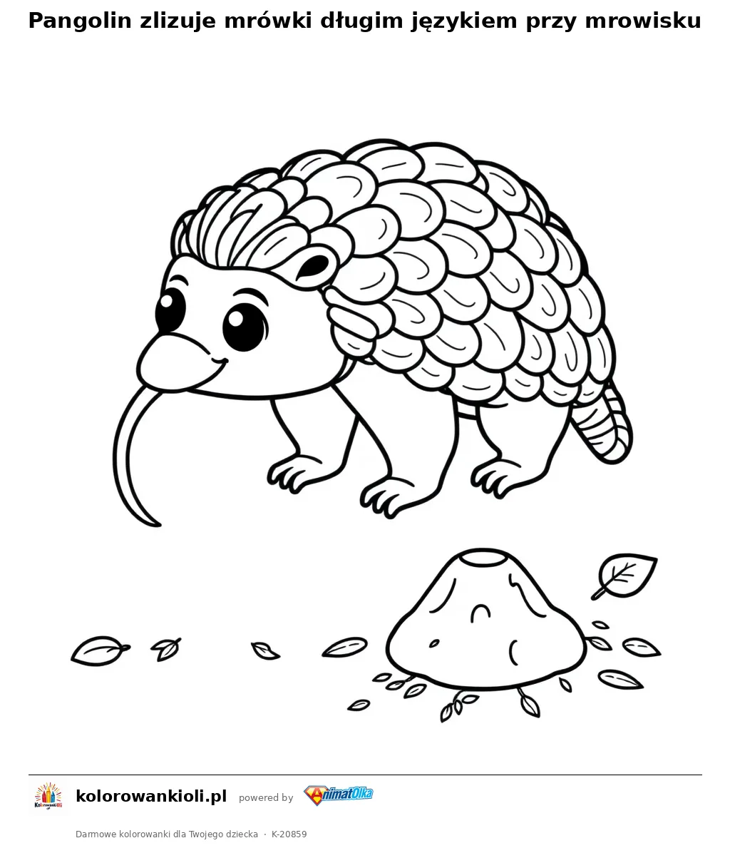 Pangolin zlizuje mrówki długim językiem przy mrowisku — kolorowanka do wydruku dla dzieci