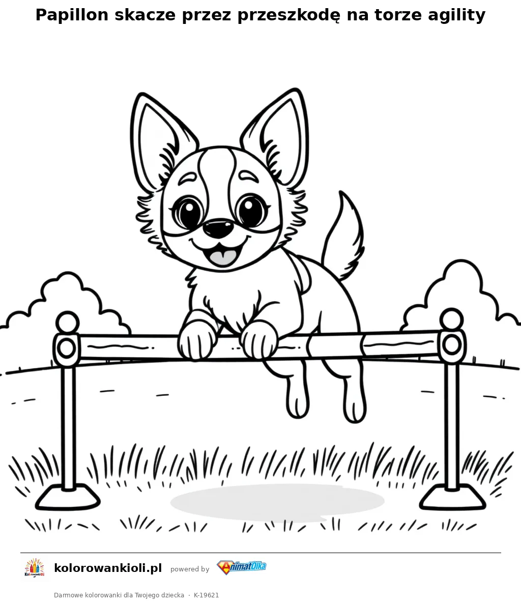 Papillon skacze przez przeszkodę na torze agility — kolorowanka do wydruku dla dzieci