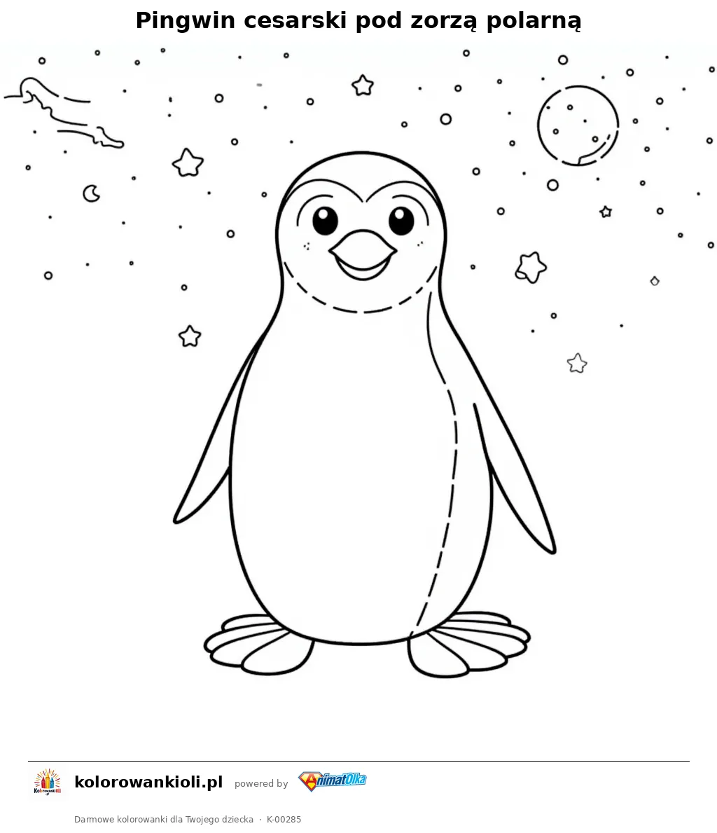 Pingwin cesarski pod zorzą polarną — kolorowanka do wydruku dla dzieci