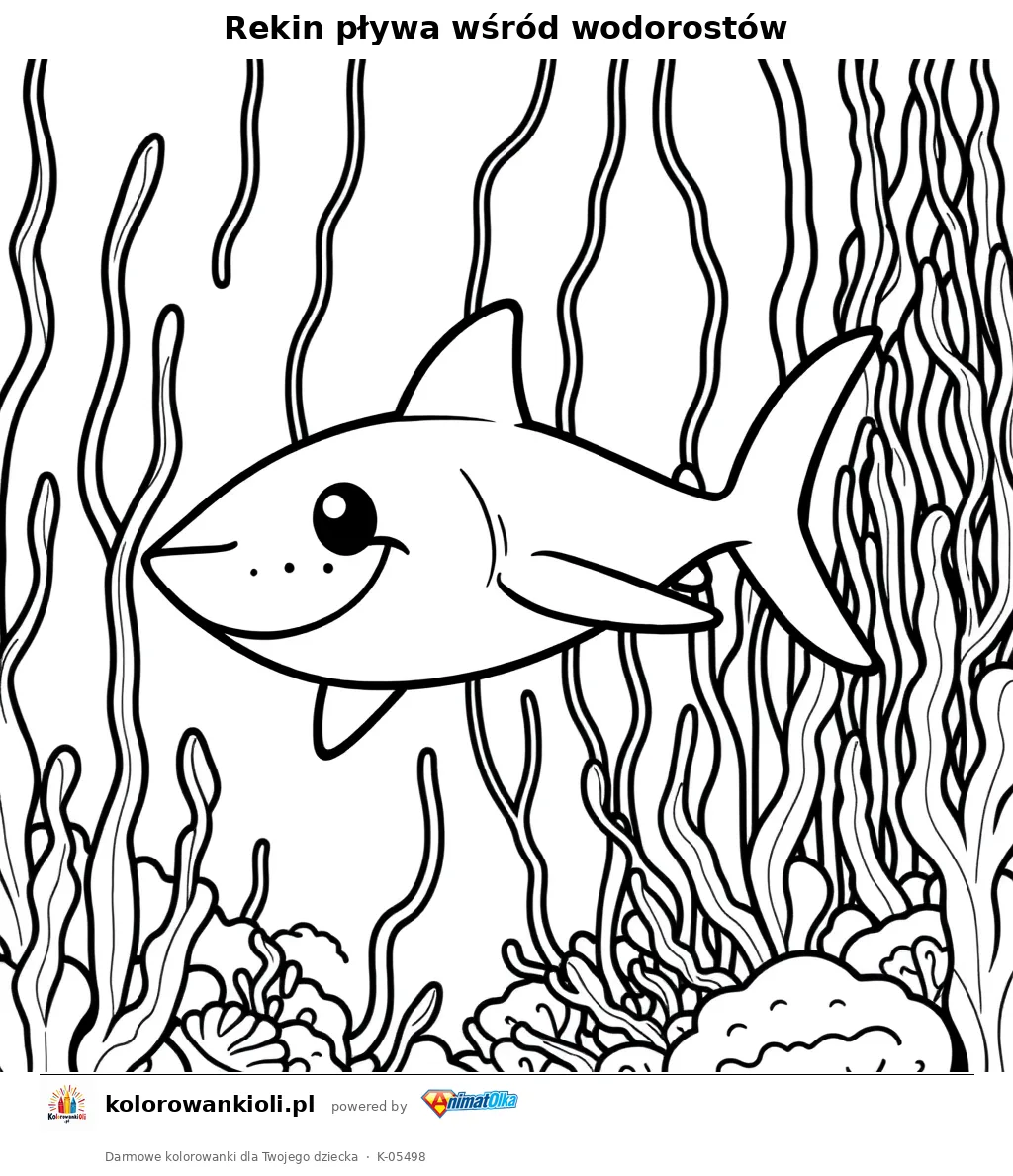 Rekin pływa wśród wodorostów — kolorowanka do wydruku dla dzieci