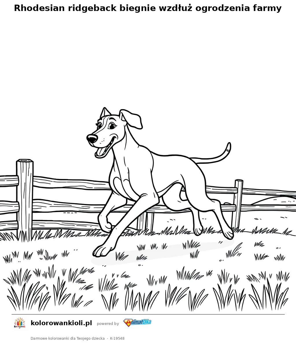 Rhodesian ridgeback biegnie wzdłuż ogrodzenia farmy — kolorowanka do wydruku dla dzieci