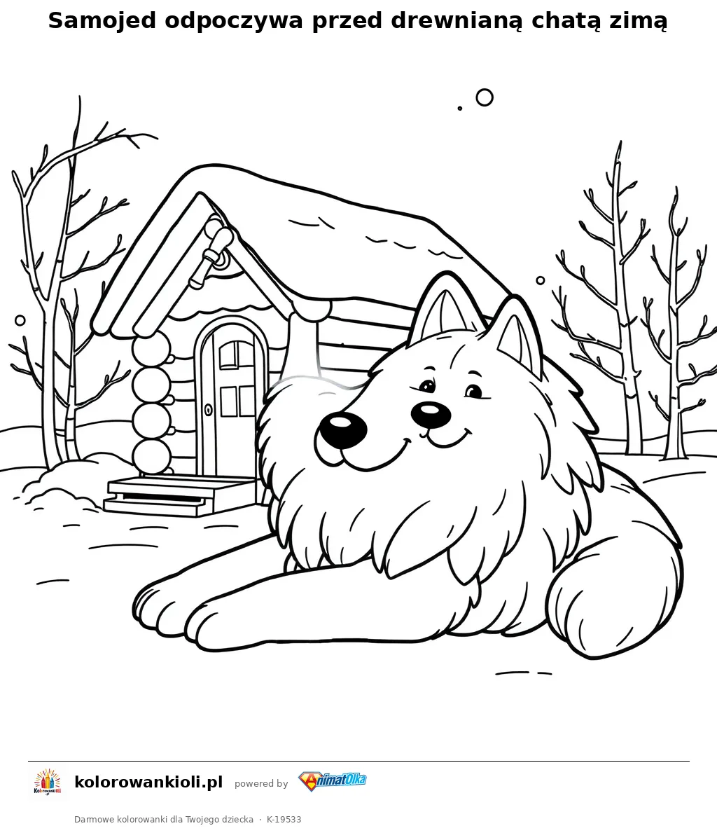 Samojed odpoczywa przed drewnianą chatą zimą — kolorowanka do wydruku dla dzieci