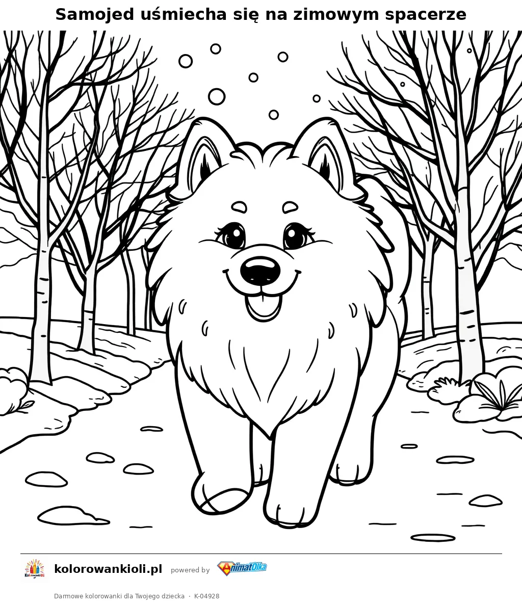 Samojed uśmiecha się na zimowym spacerze — kolorowanka do wydruku dla dzieci