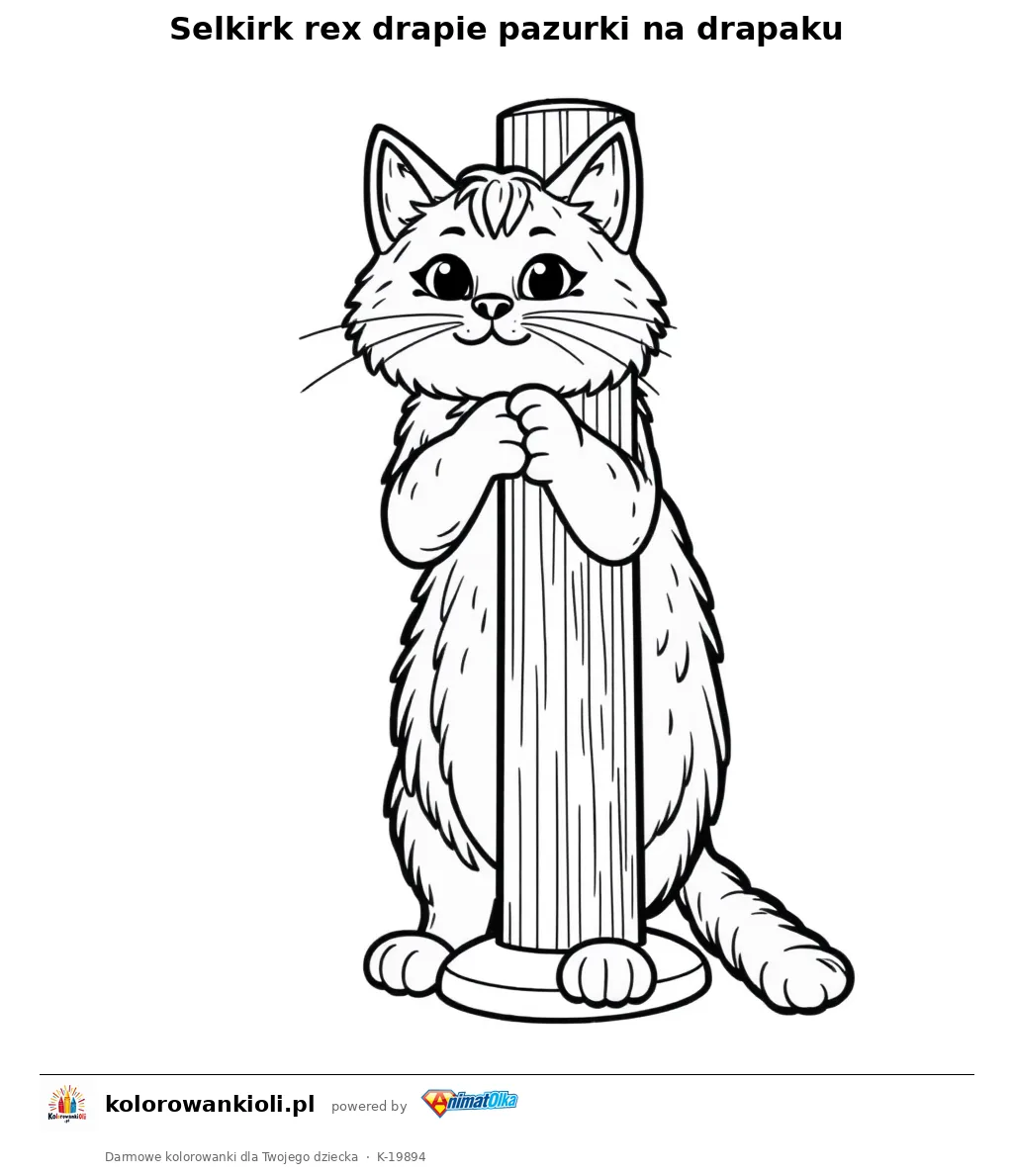 Selkirk rex drapie pazurki na drapaku — kolorowanka do wydruku dla dzieci