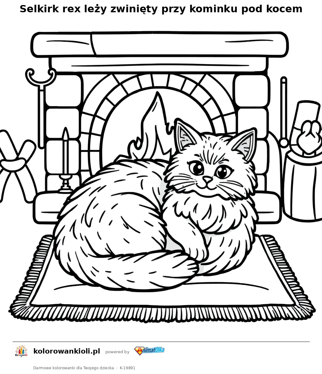 Selkirk rex leży zwinięty przy kominku pod kocem — kolorowanka do wydruku dla dzieci