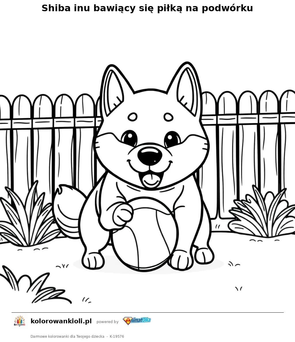 Shiba inu bawiący się piłką na podwórku — kolorowanka do wydruku dla dzieci