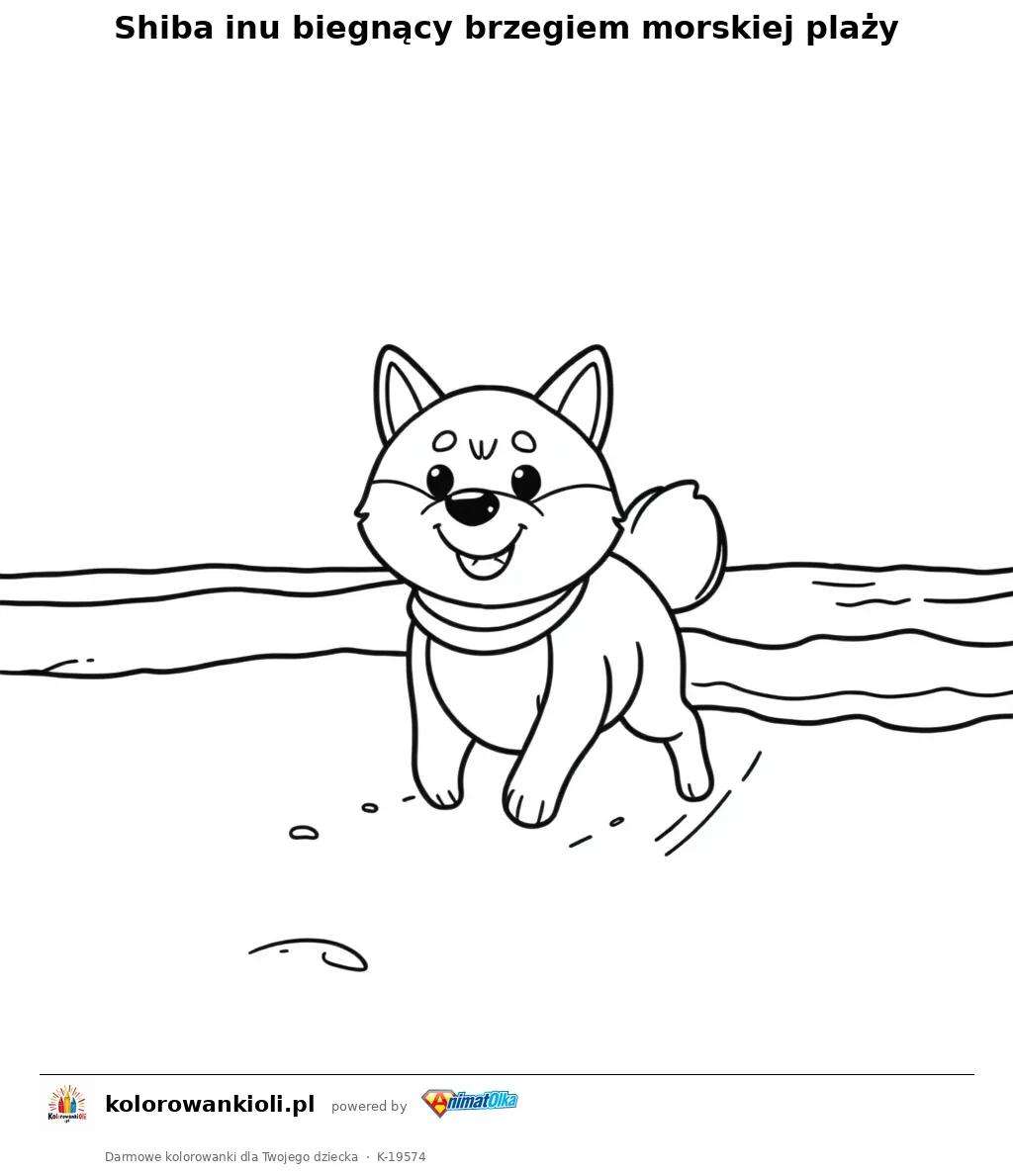 Shiba inu biegnący brzegiem morskiej plaży — kolorowanka do wydruku dla dzieci