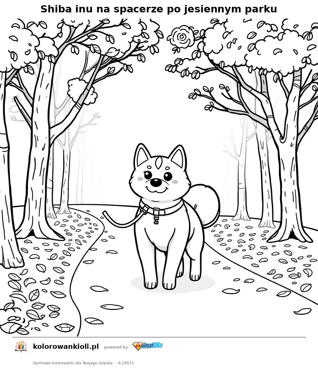 Shiba inu na spacerze po jesiennym parku — kolorowanka do wydruku dla dzieci