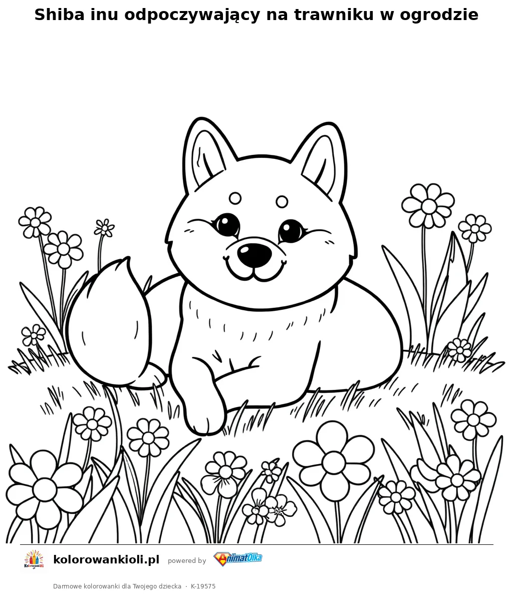 Shiba inu odpoczywający na trawniku w ogrodzie — kolorowanka do wydruku dla dzieci