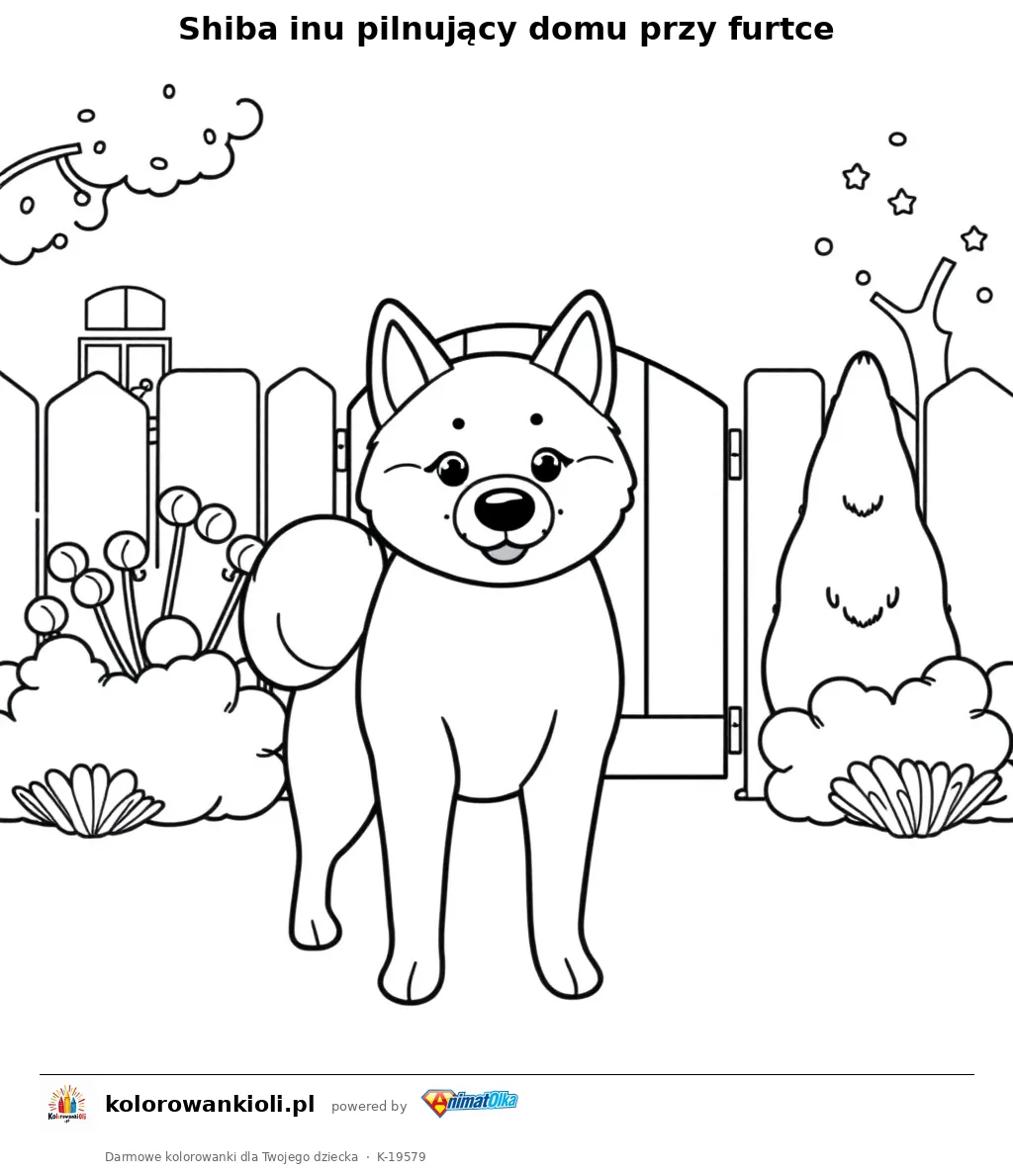 Shiba inu pilnujący domu przy furtce — kolorowanka do wydruku dla dzieci