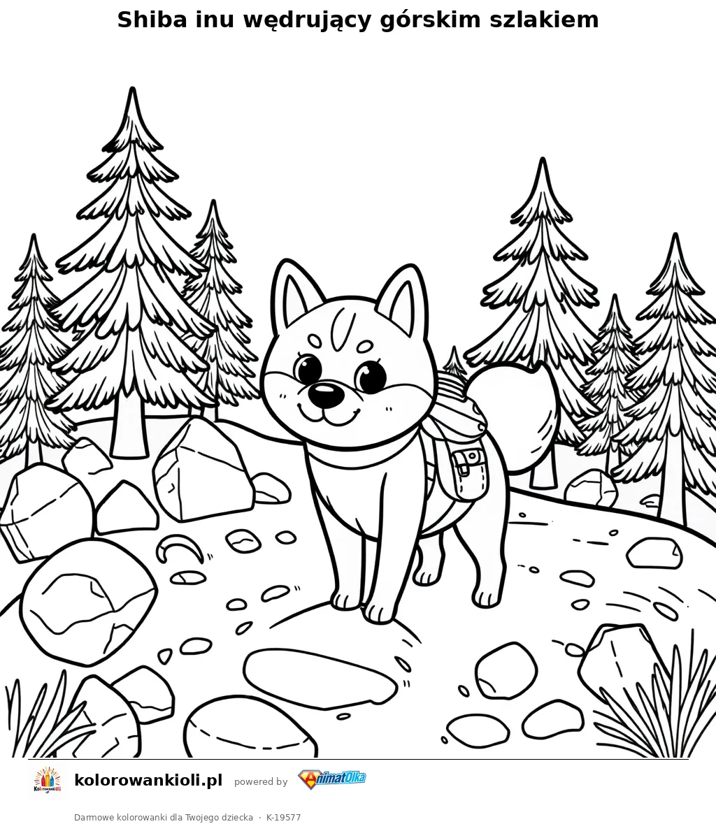 Shiba inu wędrujący górskim szlakiem — kolorowanka do wydruku dla dzieci
