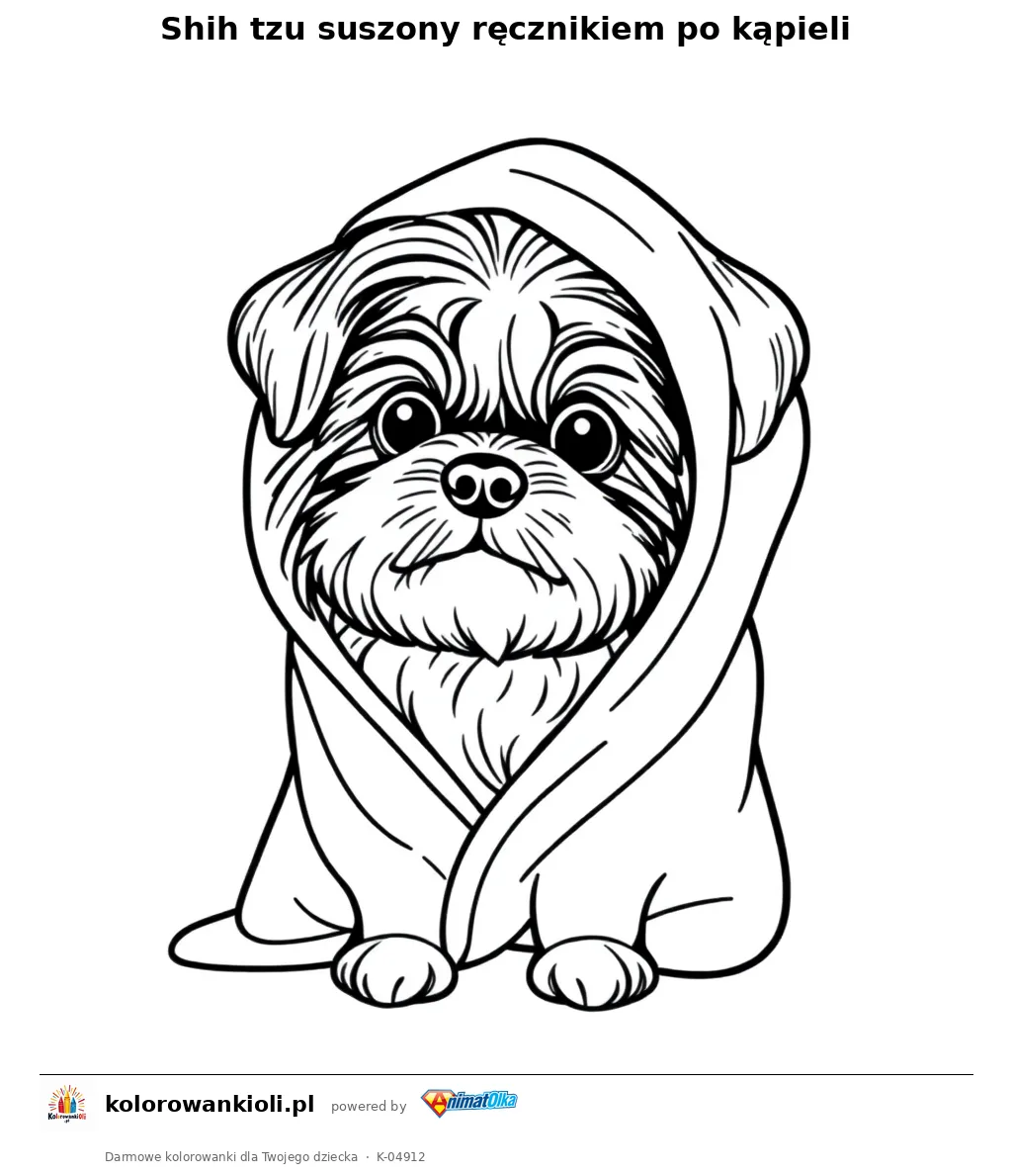 Shih tzu suszony ręcznikiem po kąpieli — kolorowanka do wydruku dla dzieci