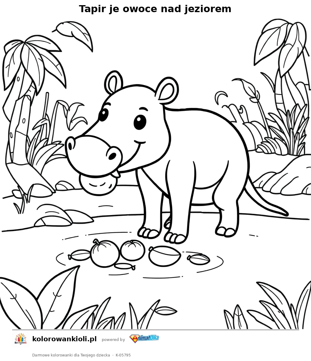 Tapir je owoce nad jeziorem — kolorowanka do wydruku dla dzieci