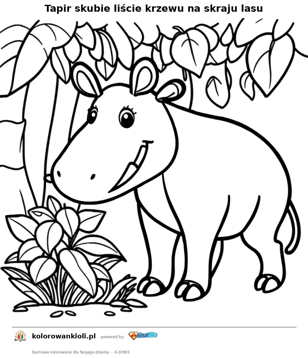 Tapir skubie liście krzewu na skraju lasu — kolorowanka do wydruku dla dzieci