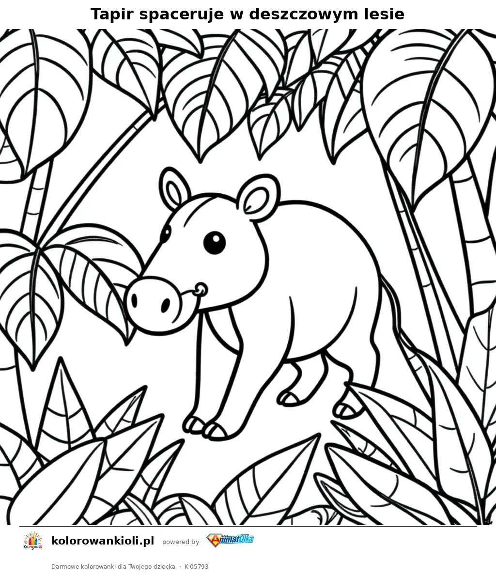 Tapir spaceruje w deszczowym lesie — kolorowanka do wydruku dla dzieci