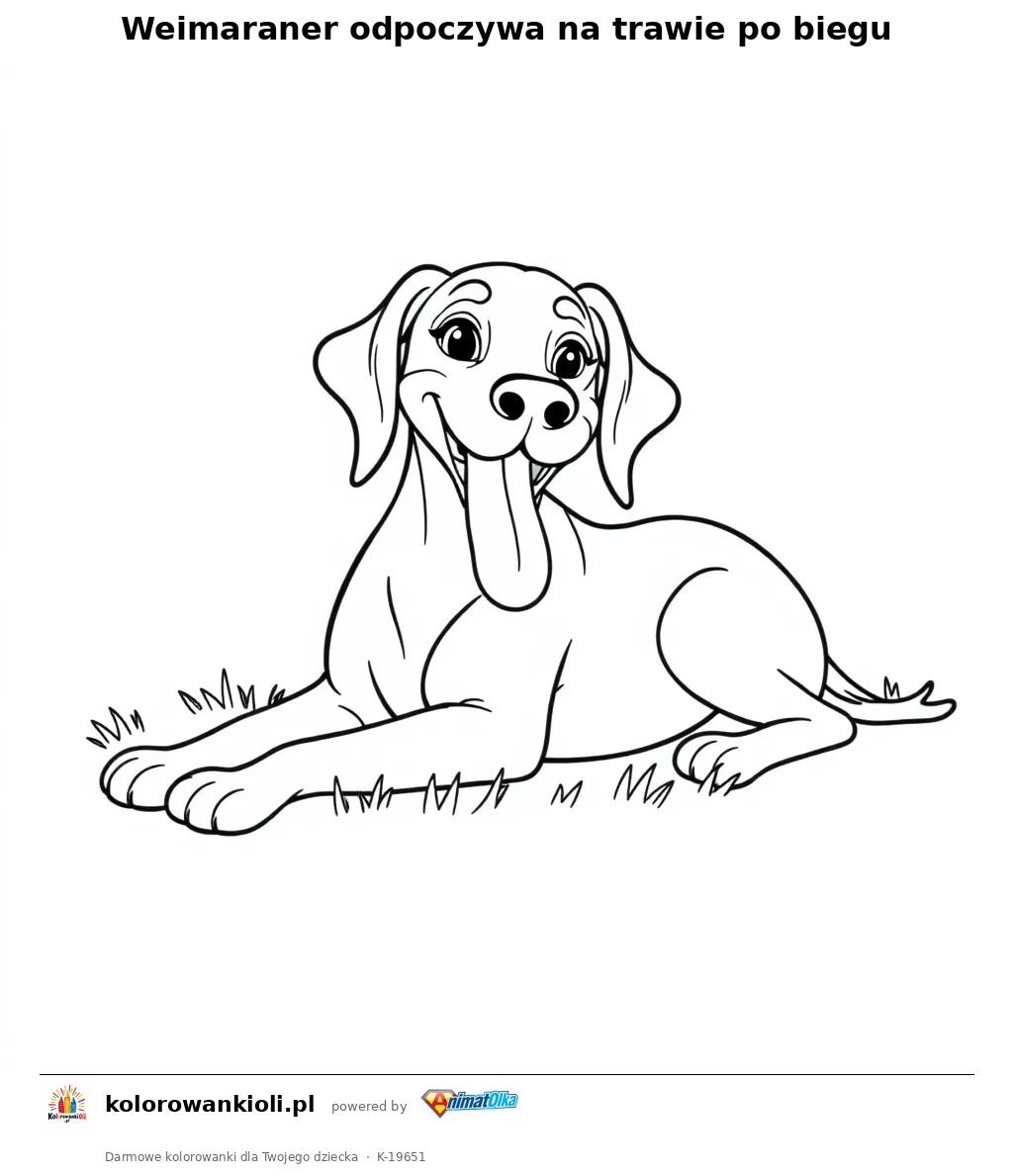 Weimaraner odpoczywa na trawie po biegu — kolorowanka do wydruku dla dzieci