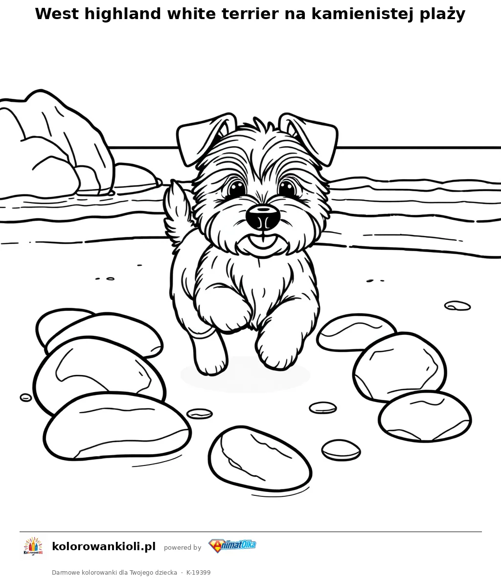 West highland white terrier na kamienistej plaży — kolorowanka do wydruku dla dzieci
