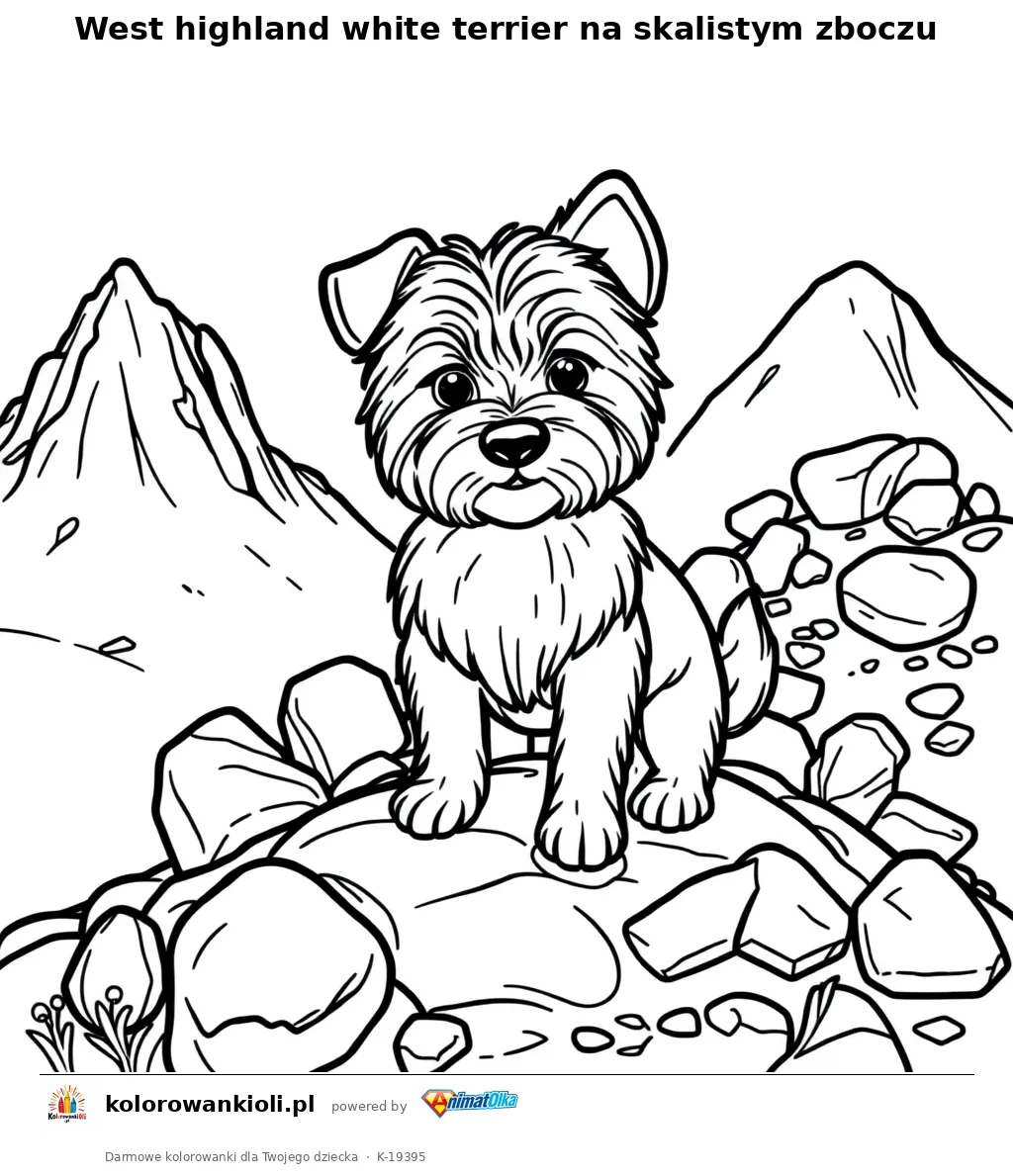 West highland white terrier na skalistym zboczu — kolorowanka do wydruku dla dzieci
