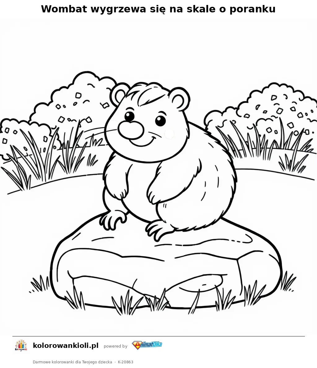 Wombat wygrzewa się na skale o poranku — kolorowanka do wydruku dla dzieci