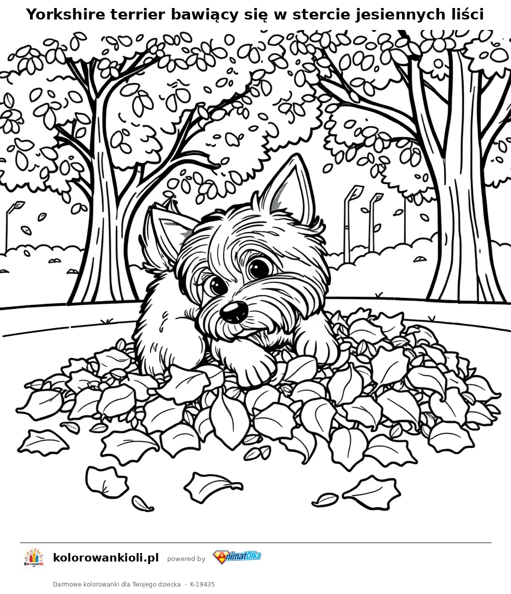 Yorkshire terrier bawiący się w stercie jesiennych liści — kolorowanka do wydruku dla dzieci