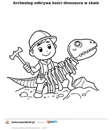 Archeolog odkrywa kości dinozaura w skale — kolorowanka do wydruku dla dzieci