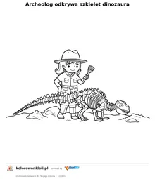 Archeolog odkrywa szkielet dinozaura — kolorowanka do wydruku dla dzieci