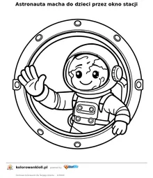 Astronauta macha do dzieci przez okno stacji — kolorowanka do wydruku dla dzieci