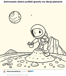 Astronauta zbiera próbki gruntu na obcej planecie — kolorowanka do wydruku dla dzieci