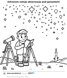 Astronom notuje obserwacje pod gwiazdami — kolorowanka do wydruku dla dzieci