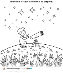 Astronom ustawia teleskop na wzgórzu — kolorowanka do wydruku dla dzieci