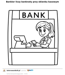 Bankier liczy banknoty przy okienku kasowym — kolorowanka do wydruku dla dzieci