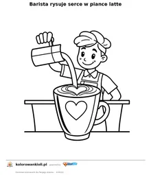Barista rysuje serce w piance latte — kolorowanka do wydruku dla dzieci