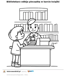 Bibliotekarz odbija pieczątkę w karcie książki — kolorowanka do wydruku dla dzieci