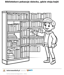 Bibliotekarz pokazuje dziecku, gdzie stoją bajki — kolorowanka do wydruku dla dzieci
