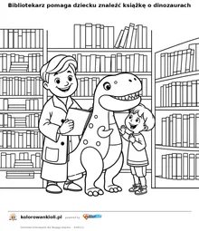 Bibliotekarz pomaga dziecku znaleźć książkę o dinozaurach — kolorowanka do wydruku dla dzieci