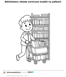 Bibliotekarz układa zwrócone książki na półkach — kolorowanka do wydruku dla dzieci