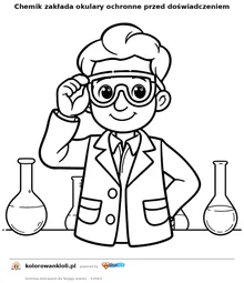 Chemik zakłada okulary ochronne przed doświadczeniem — kolorowanka do wydruku dla dzieci