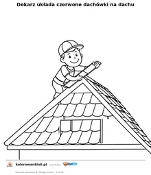 Dekarz układa czerwone dachówki na dachu — kolorowanka do wydruku dla dzieci