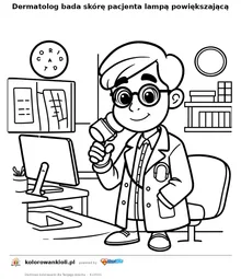 Dermatolog bada skórę pacjenta lampą powiększającą — kolorowanka do wydruku dla dzieci