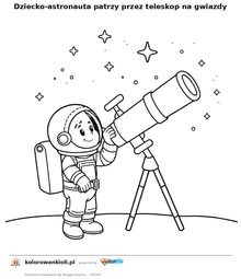 Dziecko-astronauta patrzy przez teleskop na gwiazdy — kolorowanka do wydruku dla dzieci