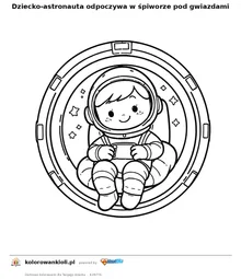 Dziecko-astronauta odpoczywa w spiworze pod gwiazdami — kolorowanka do wydruku dla dzieci