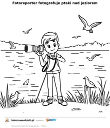 Fotoreporter fotografuje ptaki nad jeziorem — kolorowanka do wydruku dla dzieci