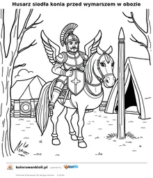 Husarz siodła konia przed wymarszem w obozie — kolorowanka do wydruku dla dzieci
