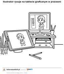Ilustrator rysuje na tablecie graficznym w pracowni — kolorowanka do wydruku dla dzieci