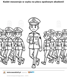 Kadet maszeruje w szyku na placu apelowym akademii — kolorowanka do wydruku dla dzieci