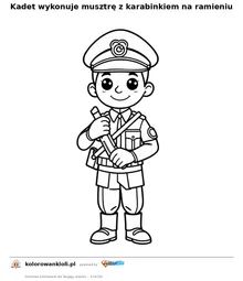 Kadet wykonuje musztrę z karabinkiem na ramieniu — kolorowanka do wydruku dla dzieci