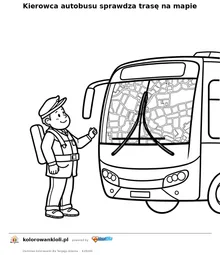 Kierowca autobusu sprawdza trasę na mapie — kolorowanka do wydruku dla dzieci