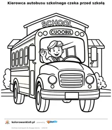 Kierowca autobusu szkolnego czeka przed szkołą — kolorowanka do wydruku dla dzieci